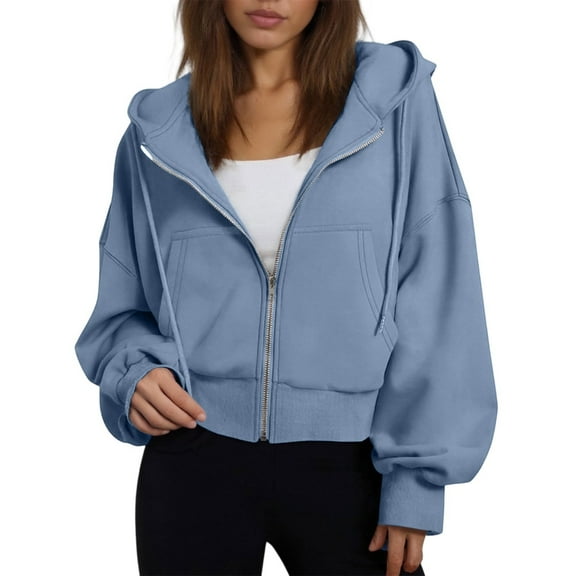 Womens Zip Up Hoodies Cropped Jackets Oversized Sweatshirts Fall Fashion Tops 2025 Sweaters Winter Clothes Sky Blue XL