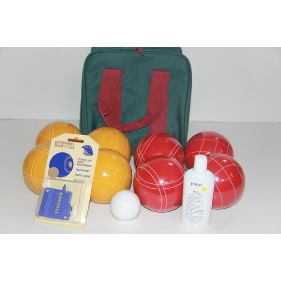 110mm EPCO Bocce Set - Rustic Yellow and Red Balls, Ball Polish, Kestrel Measuring Device, with and Green and Maroon Bag