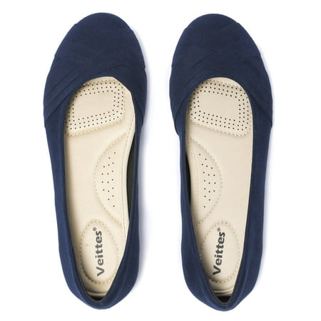Ataiwee Women s Wide Width Flat Shoes  Classy Soft Round Toe Cross Line Design Ballet Flats.(2109002 BL/MF 8 Wide)