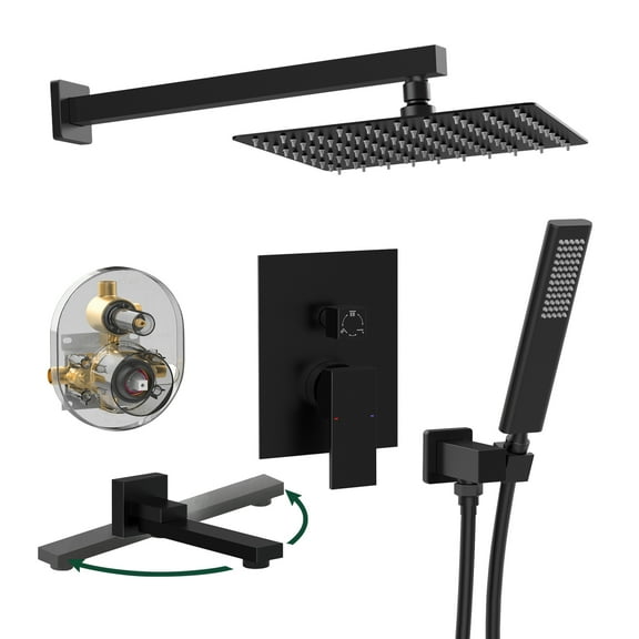 Cobbe Matte Black Shower System, 12 Inch Rain Shower Head with Handheld Shower Spray, Wall Mount Shower Faucet Set, Pressure Balance Shower Valve Included