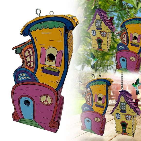 Inspired Wooden Handmade Birdhouse Wood Decorative Large Blue Bird Houses Nests for Outside with Pole Hanging Cedar Bluebird House Kits Owl Wren Nesting Box Outdoors Tree