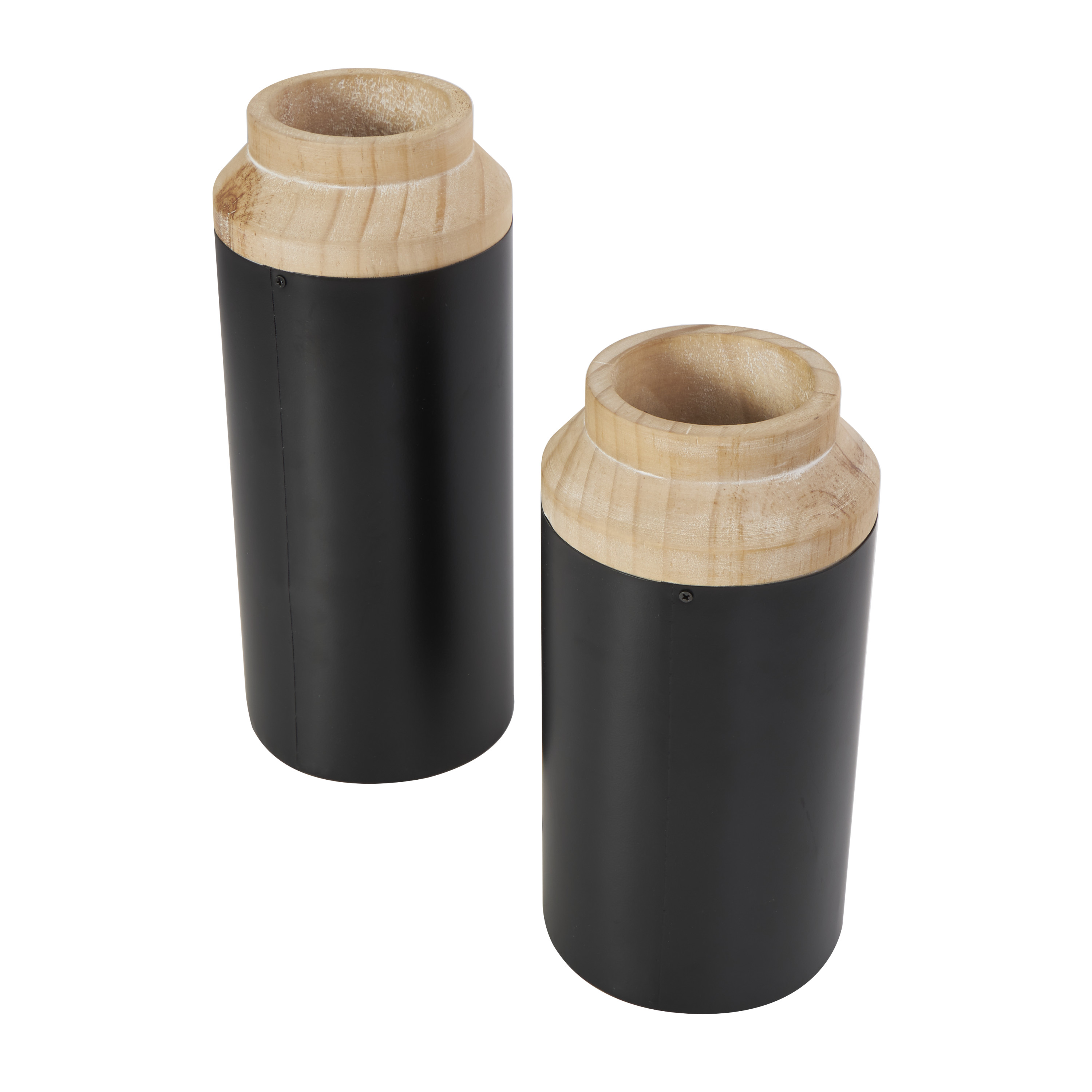 DecMode 12", 10"H Colorblock Black Wood Vase with Light Brown Wood Tops, Set of 2