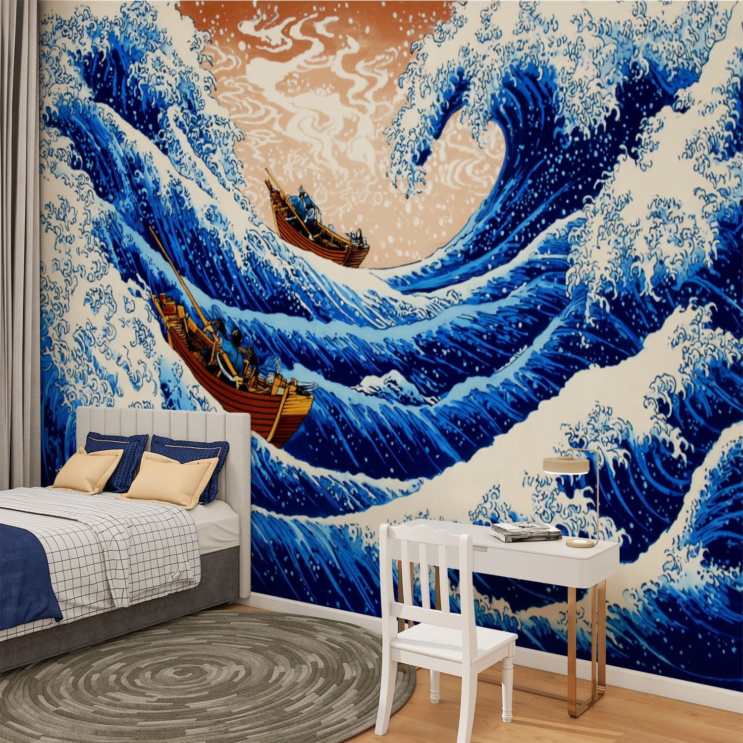 Peel and Stick Wallpaper Off Kanagawa Mount Boats Ocean Waves Seafoam Woodblock Print Modern Art Wall Mural Decor Self Adhesive and Removable 100in x 144in