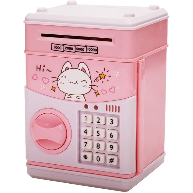 Mini Cajero Automático Ahorro Hucha Juguetes Niños Niñas Niños Adultos Cajeros Automáticos Electrónicos Monedas Ahorro de Dinero Contraseña Digital Desplazamiento Automático Caja Fuerte Regalos para Niños (Rosa/Gato) brillar Electrónica