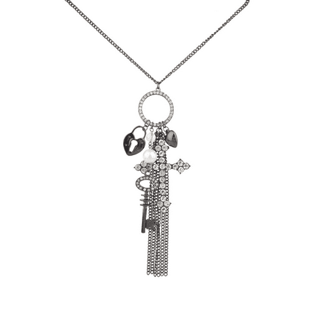 Gunmetal Heart - Lux Accessories Gunmetal Pave Cross Key Unlock My Heart Tassel Fringe Disc Charm Necklace
