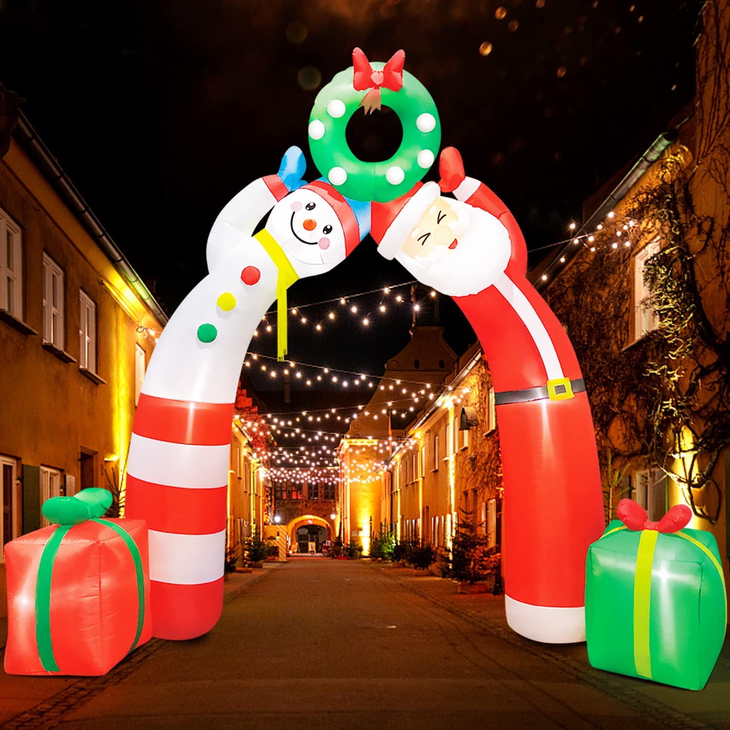 DiiKoo 8ft Christmas Inflatable Arch with Santa, Snowman and Gift Boxes