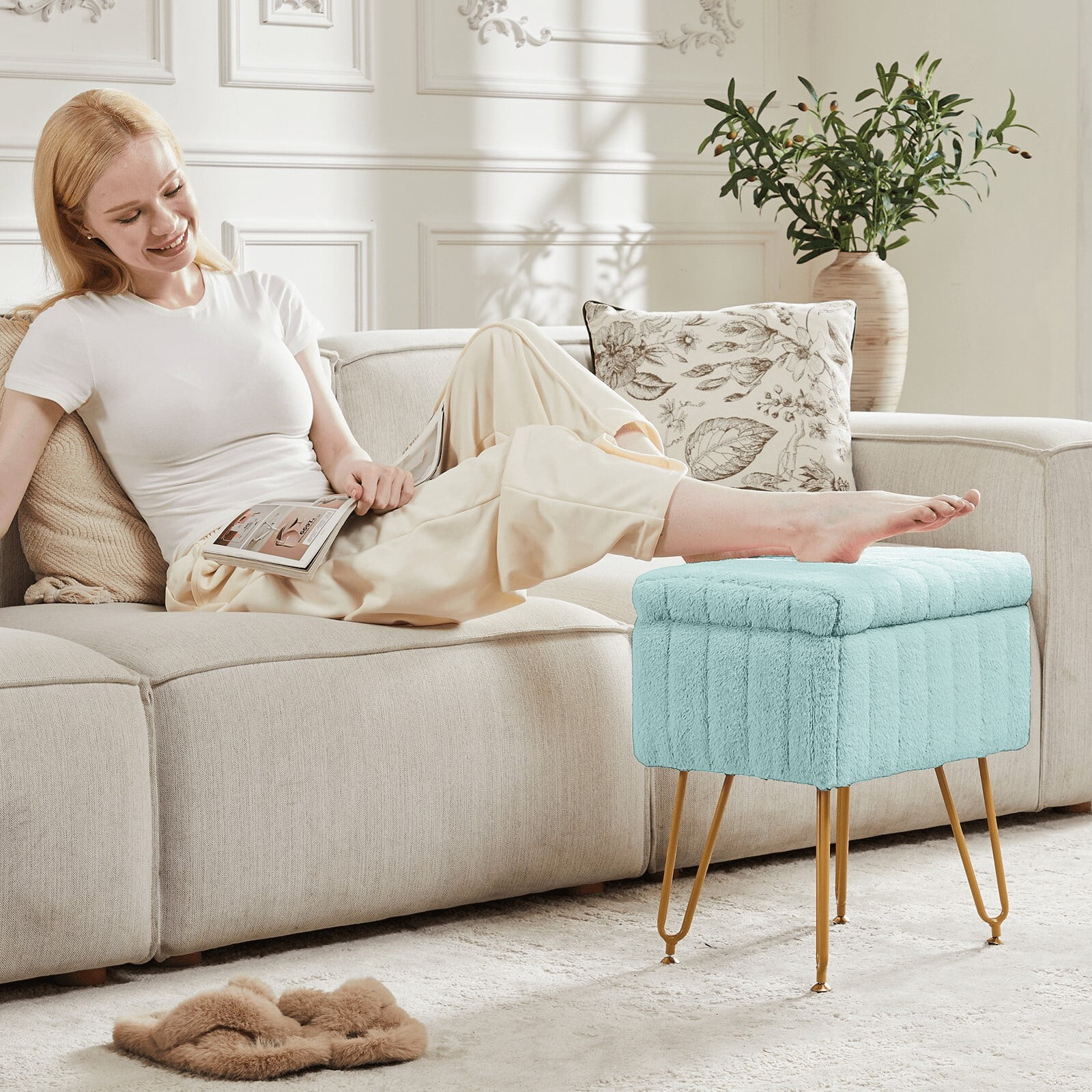 Kelno 18.9" Faux Fur Vanity Stool with Hidden Storage Soft Padded Ottoman Footrest with Metal Legs Antislip Adjustable Feet, Mint Green