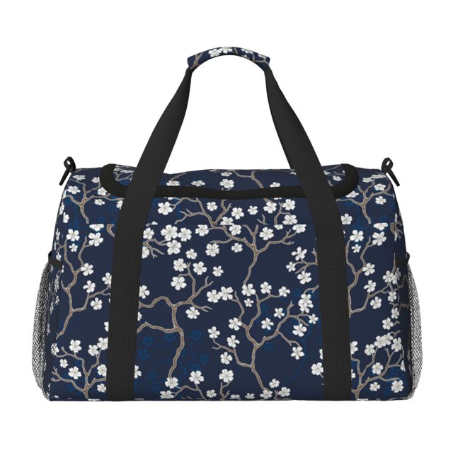 Balery Cherry Blossoms on Navy Background Bolsa de Gimnasio para Mujeres, Bolsa de Viaje con Bolsillo Húmedo, Bolsa de Fin de Semana para Mujeres, Bolsa de Viaje Resistente al Agua