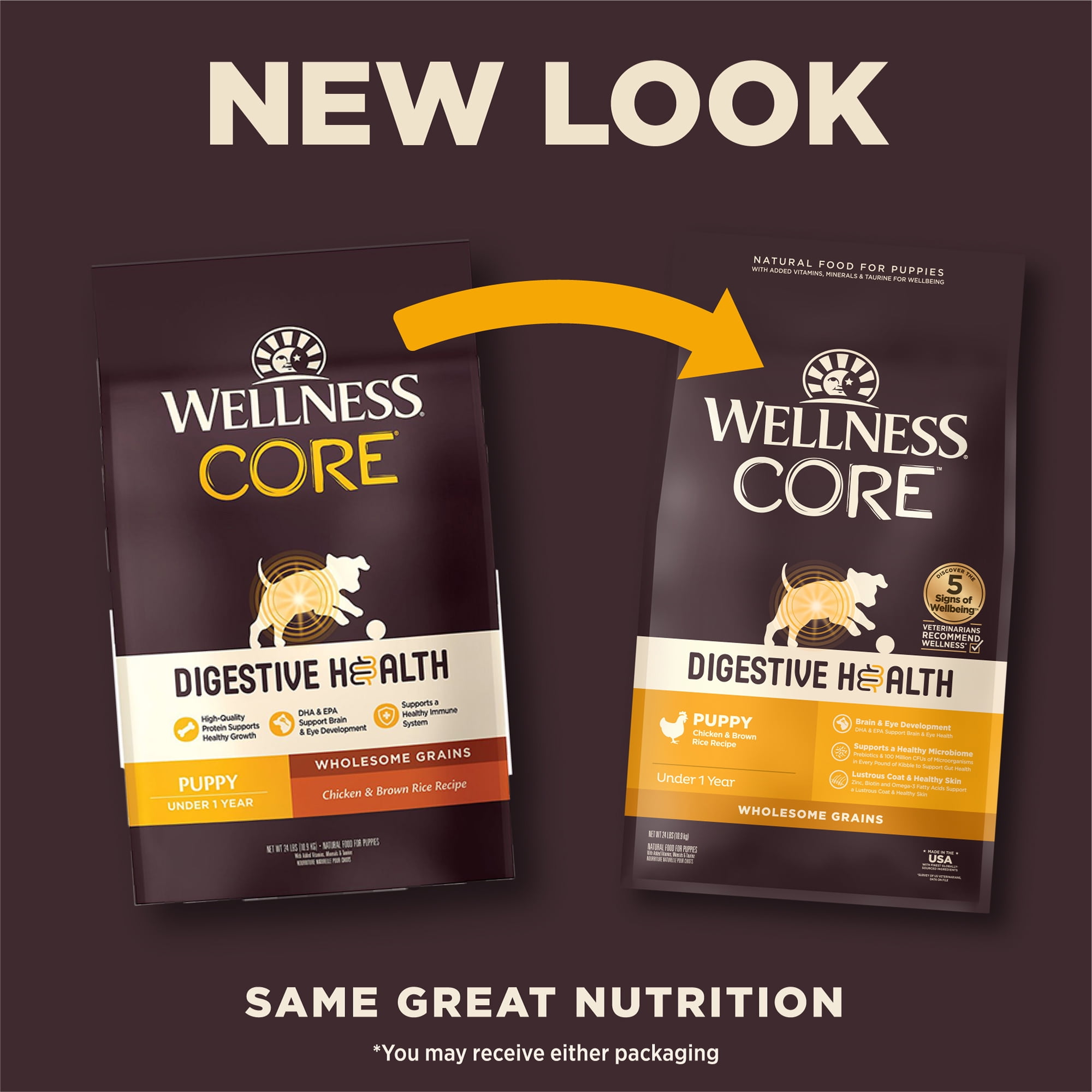 Wellness CORE Digestive Health Puppy Dry Dog Food, Wholesome Grains, Natural, High Quality Ingredients for Dogs with Sensitive Stomachs, Chicken Recipe, (24-Pound Bag)