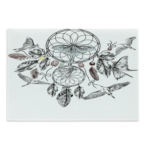 Ethnic Cutting Board, Collect Your Happy Dreams Words with Dreamcatcher and Butterflies Pattern, Decorative Tempered Glass Cutting and Serving Board, Large Size, Multicolor, by Ambesonne