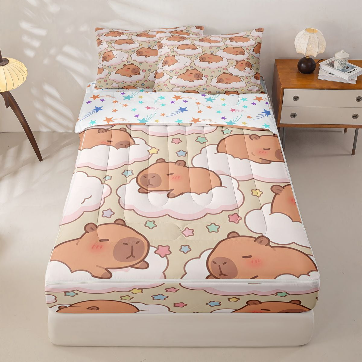 Homewish Cute Capybara Zipper Twin Comforter Sets with Fitted Sheet and 2 Pillowcases Rainbow Stars Print Zipper Bedding Set For Girls Kids Reversible 4-Piece
