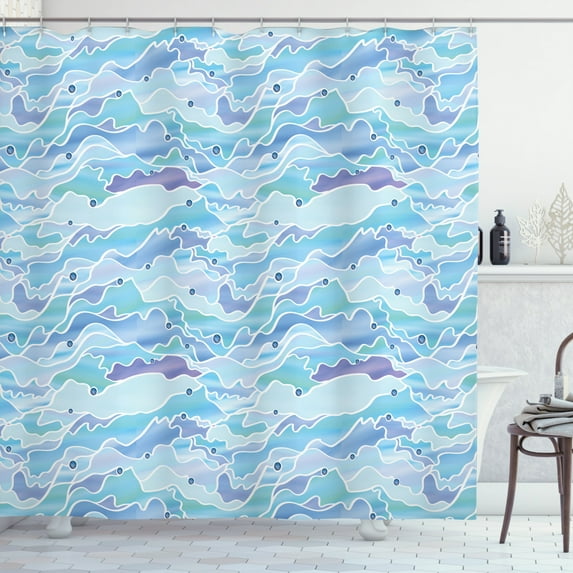 Abstract Shower Curtain, Continuous Modern Stained Glass Style Seascape Motifs Illustration, Fabric Bathroom Set with Hooks, 69W X 84L Inches Extra Long, Baby Blue and Seafoam, by Ambesonne
