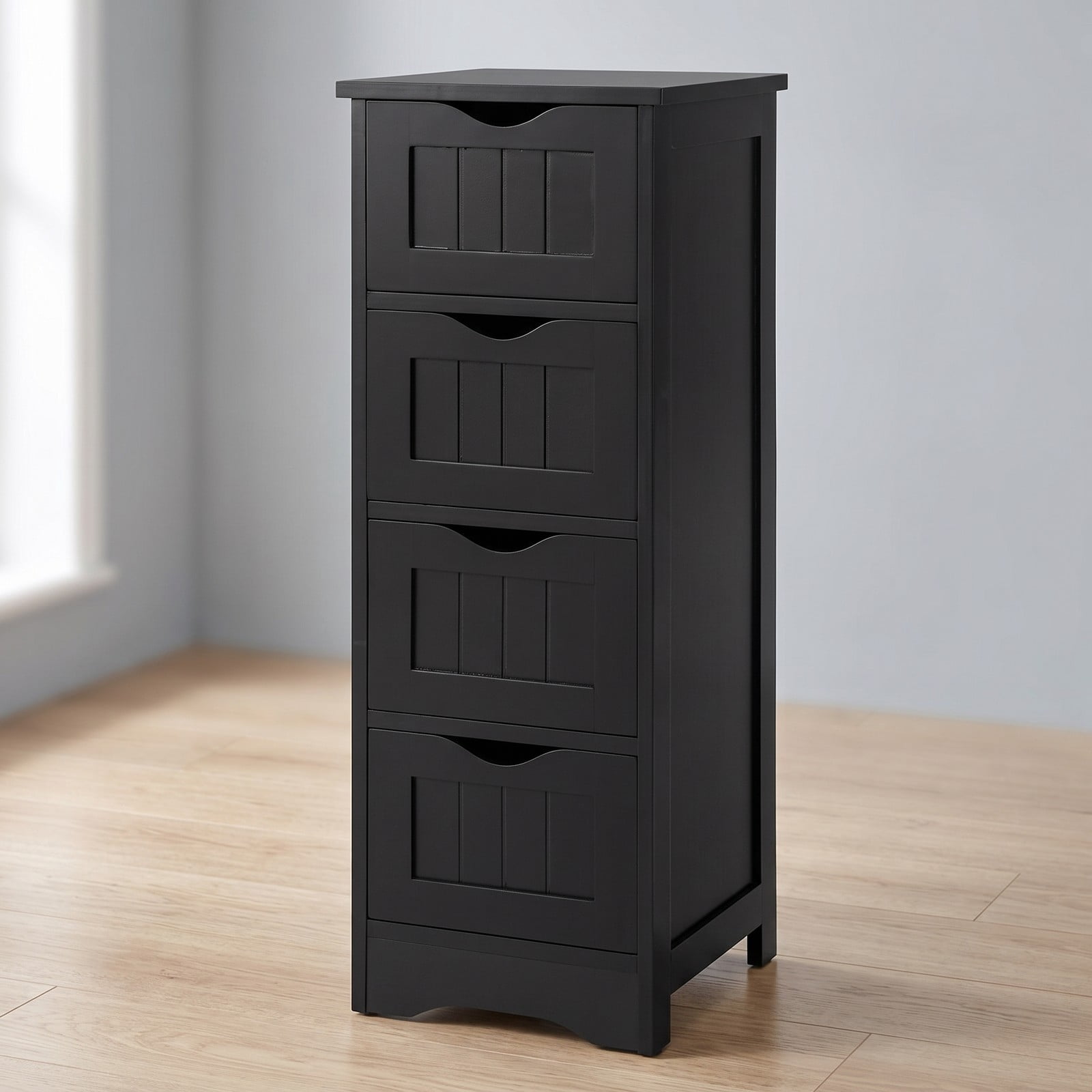 ALPULON 4-Drawer Freestanding Bathroom Floor Cabinet, Narrow MDF Storage Side Organizer with Anti-Toppling Device and Cut-Out Handles for Bathroom Living Room, Black