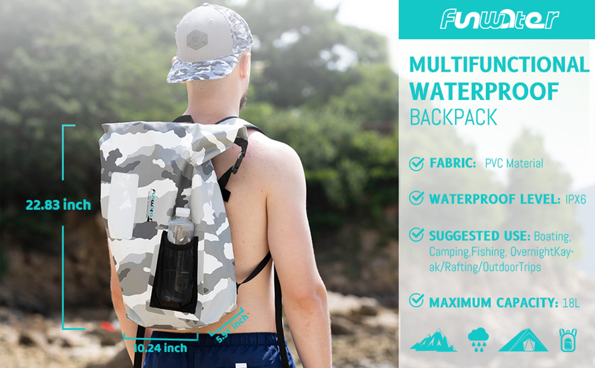 FUNWATER Waterproof Backpack Grey Camo,18L Roll Top Dry Bag, Casual Sports  Backpack, Surfing, Boating, Hiking, Fishing, Unisex.