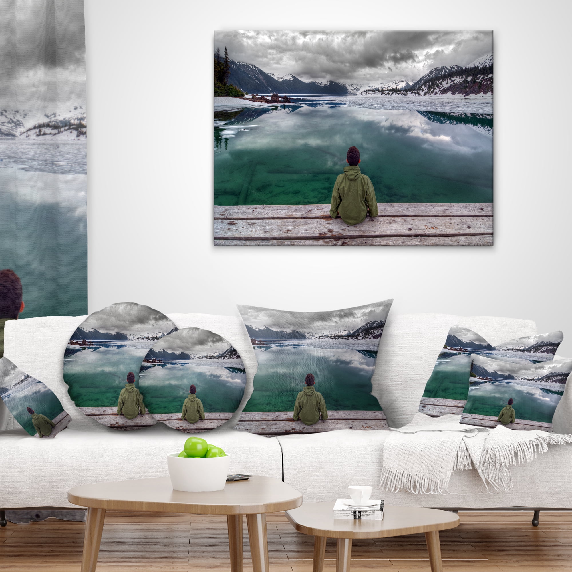 Designart Boy Looking at Clear Mountain Lake - Landscape Printed Throw Pillow - 16x16