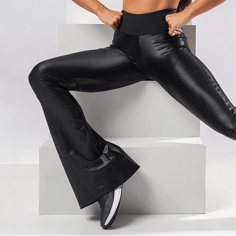 Women Faux Leather Flared Pants High Waist Bell Bottoms Trousers