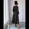 thumbnail image 4 of Vestidos de Invitada de Boda de Otoño para Mujer, con Mangas Largas Abullonadas, Fruncido, Cuello Redondo, Informal, Escalonado, Corte A, Vestido Fluido Negro XL, 4 of 7