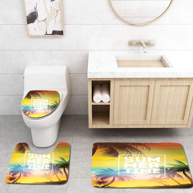 Marco de texto de cartel de horario de verano ABPHQTO en palmeras Juego de alfombras de baño 3 piezas