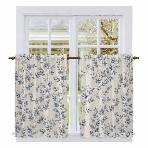Navy Blue Leaves Kitchen Curtain for Berdoom Living Room Cafe 45 Inch Length, Vintage Summer Botanical Farmhouse Rustic Tiers Curtains Light Filtering Drapes Window Treatment 2 Panels 52"Wx45"L