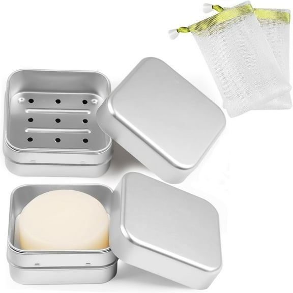 Pack of 2 Soap Boxes with Removable Draining Rack, Dingrich Aluminium Soap Box Square Soap Dish, Soap Container and Soap Bag for Home Bathroom Gym Travel Camping Hotel (3.1 x 3.1 x 1.5 in)