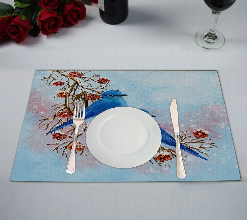 GCKG Winter Landscape with Berries Snow Placemat, Blue Birds Sitting on