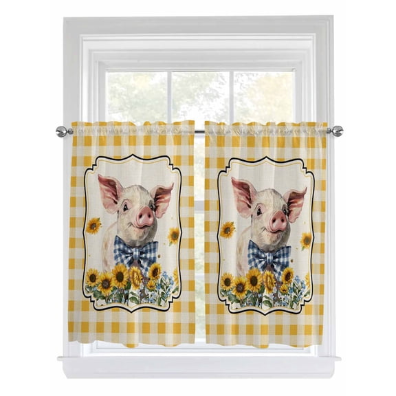Pig Sunflowers Living Room Curtains 2 Panel, Yellow Floral Farmhouse Checkered Rustic Cafe Window Treatment, Farmhouse Bedroom Bathroom Kitchen Curtains Drapes 104"x45"