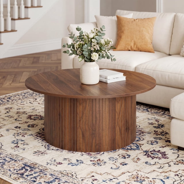 31.5 Inch Round Coffee Table, Small Fluted Circle Accent Center Table with Metal Frame for Living Room