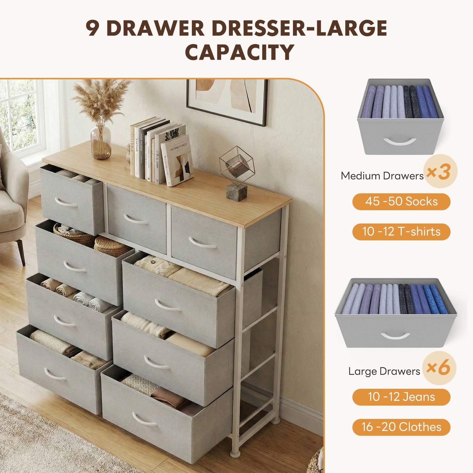 edx 9 Drawers Fabric Dresser for Bedroom, Drawer Organizer Storage Cabinet for Closet, Clothes, TV Stand, Light Gary