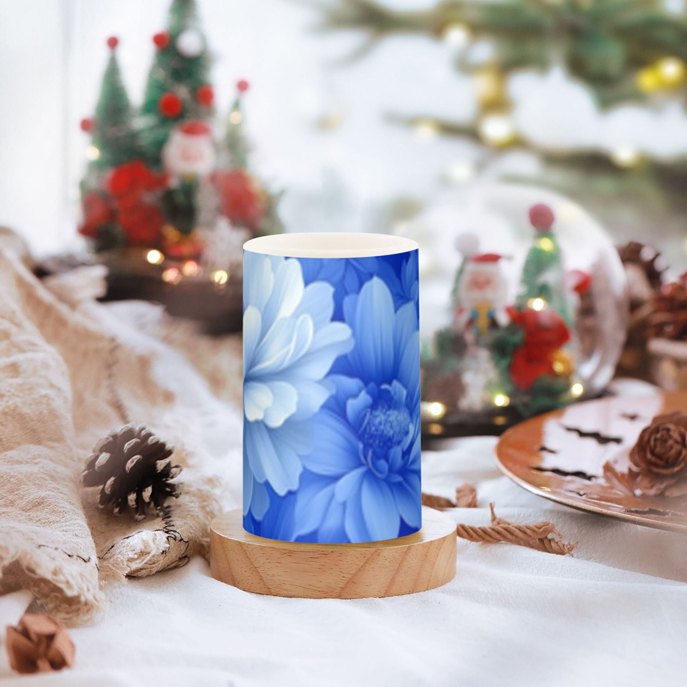 Elegant Blue Flower Flickering Flameless Candles Battery Operated with Remote Timer LED Pillar Candles Set of 2