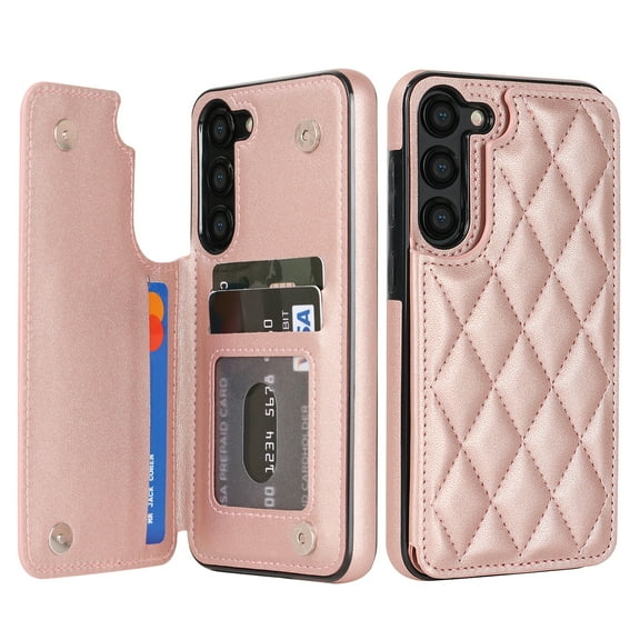 Mantto Case for Samsung Galaxy S24 Back Wallet Case, Card Slots Holder RFID Blocking Luxury PU Leather Shockproof Cover, Double Magnetic Buttons Kickstand Case for Galaxy S24, Rosegold