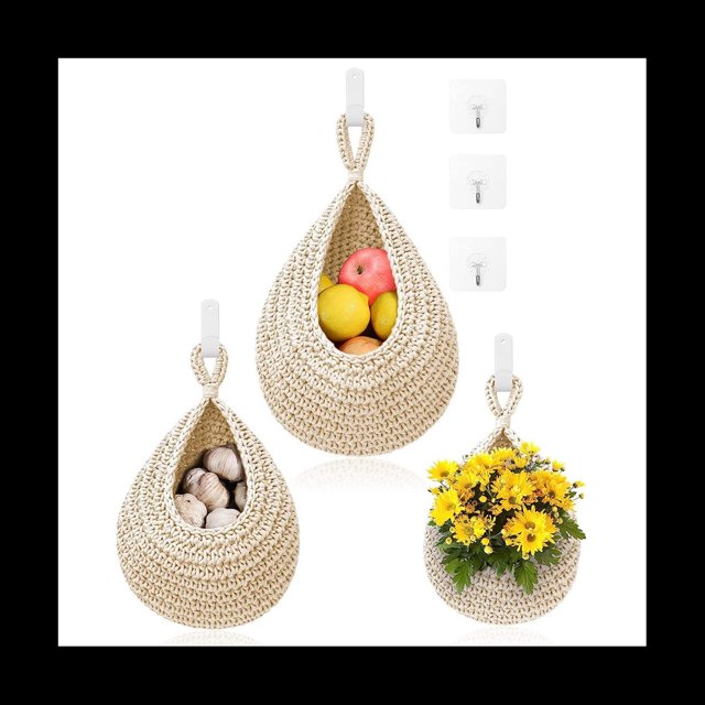 Cestas Colgantes de Frutas para la Cocina - Paquete de 3 Cestas Colgantes de Pared Boho con 6 para Almacenamiento de Frutas, Verduras y Patatas