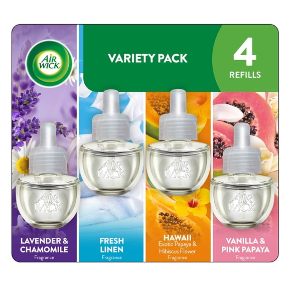 Air Wick Plug-In Scented Oil Air Freshener Warmer Refills Multipack, Lavender, Fresh Linen, Hawaii, and Vanilla and Pink Papaya, 4 Count