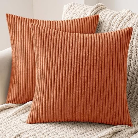 Eryueer Set of 2 Striped Corduroy Square Throw Pillow Case Soft Cushion Cover Sham Home for Sofa Chair Couch/Bedroom Decorative Fluffy Large Pillowcases 16x16 Inch 40x40cm Caramel