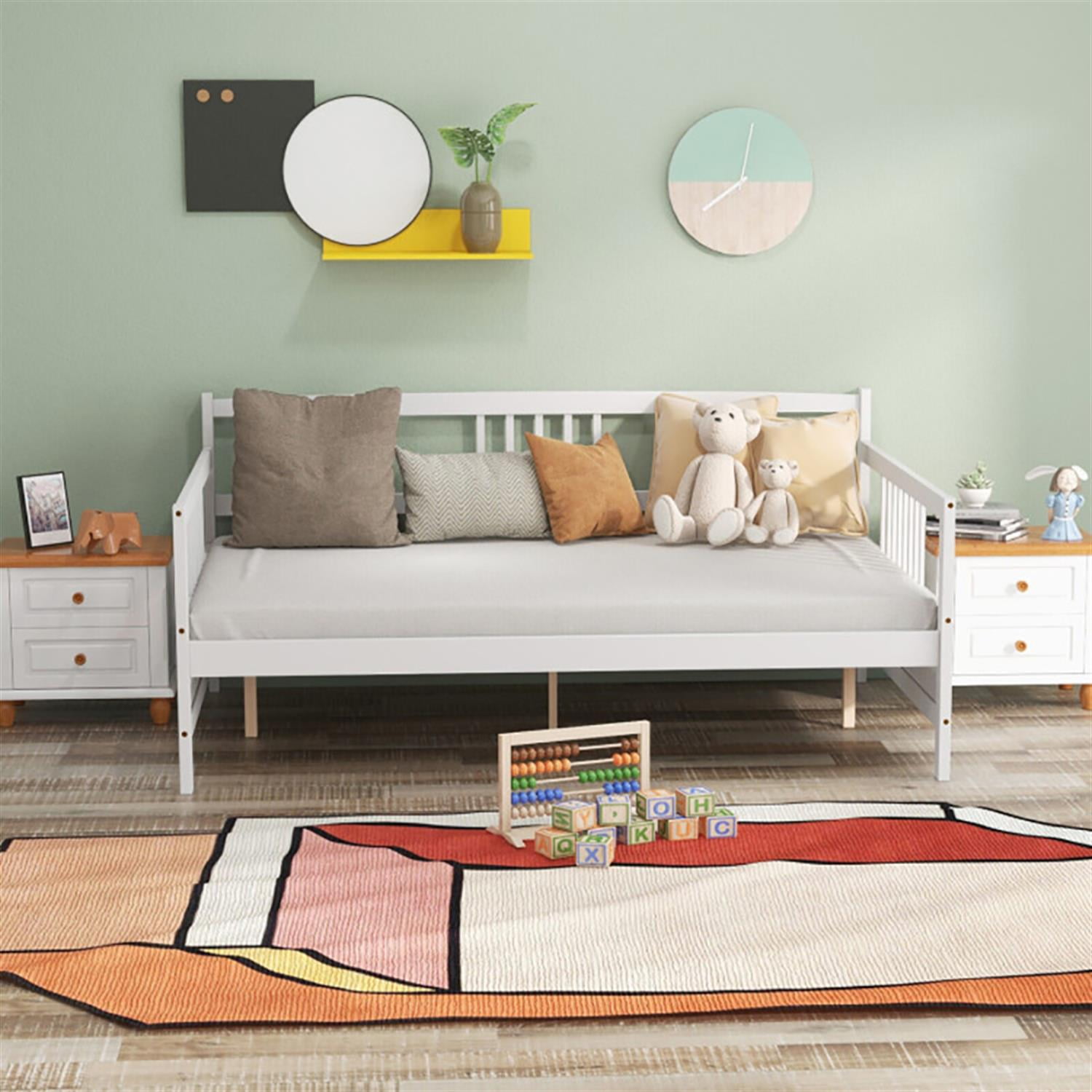 Demi Bonn Wooden Full Size Daybed Frame with Guardrails, Modern Bed Frame for Teens, White