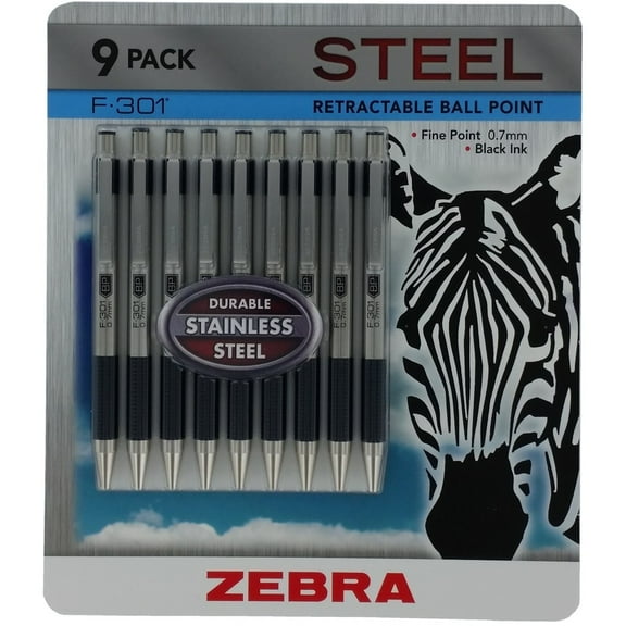 Zebra F-301 Ballpoint Retractable Pen, Black Ink, Fine Point - 9 Pens