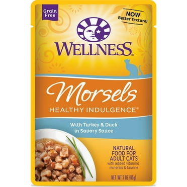 Wellness Healthy Indulgence Natural Grain Free Morsels with Turkey and Duck in Savory Sauce Cat Food Pouch 3-oz, case of 24