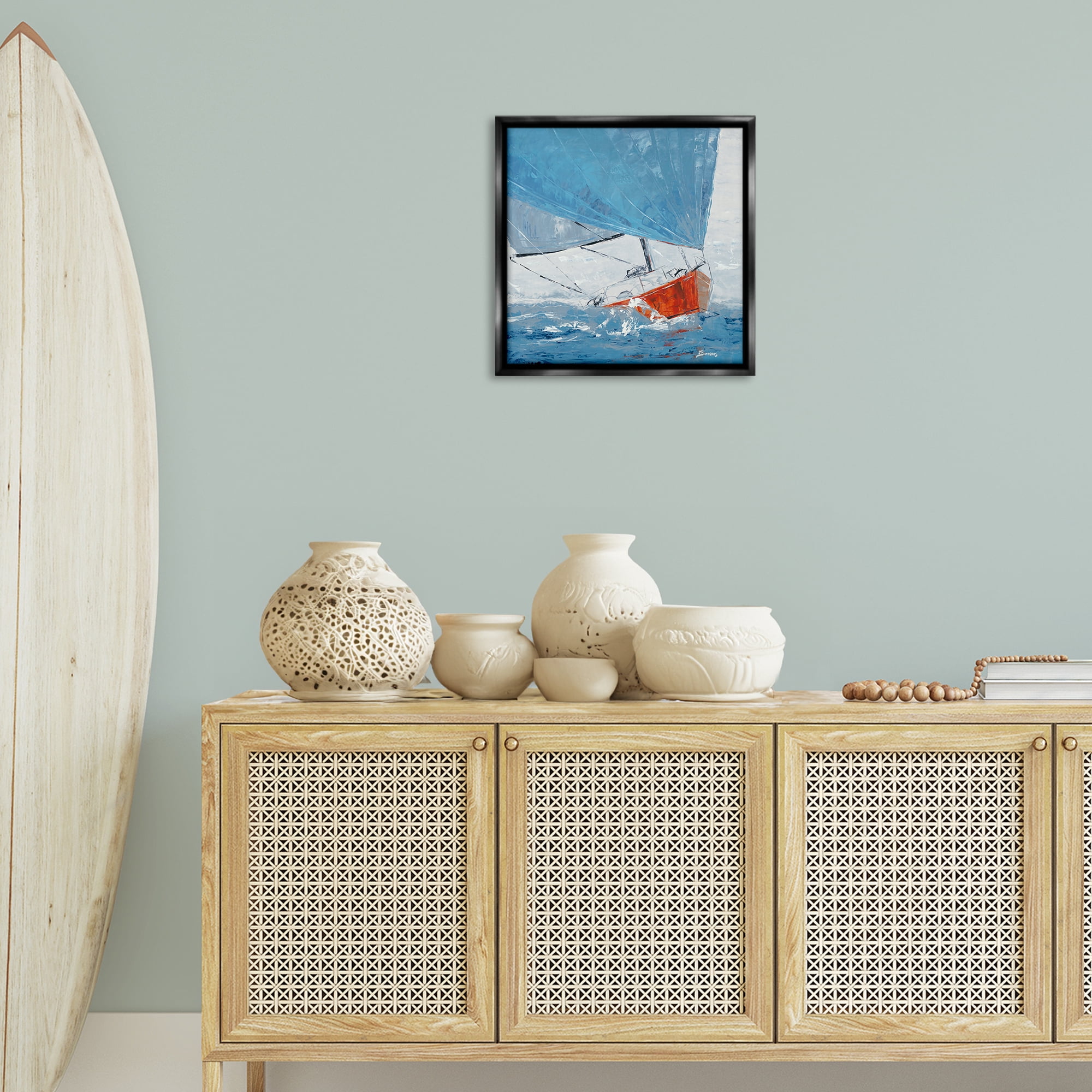 Stupell Industries Crashing Waves Against Boat Nautical & Beach Painting Black Floater Framed Canvas Art Print Wall Art, 18 x 18