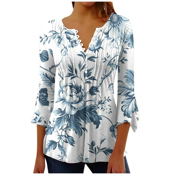 Camisetas de Cuello en V Mujeres, Impreso 3/4 Manga Blusa Casual Hecha de Cómodo Estante de Imitación para Toda la Temporada de Uso Diario, Camisetas Casuales de Mujer
