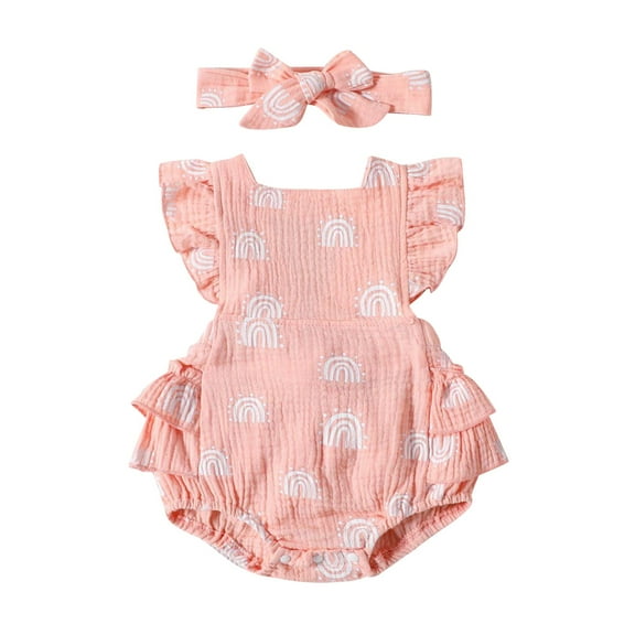 Summer Baby Jumpsuit Ruffled Rainbow Print Lace Up Backless Jumpsuit Baby Headband Romper 2 Piece Set Pink