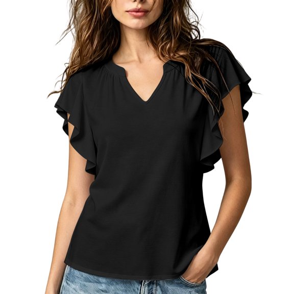 ClodeEU Women's V Neck Ruffle Flutter Short Sleeve Blouse,Solid Loose Casual Summer Top Black,Women's Plus L