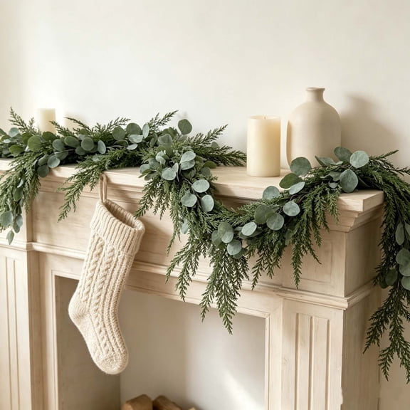 Christmas Wreath with Artificial Leaves and Needles - Faux Greenery Garland, Bendable Indoor Outdoor Decor for Mantel Doorway Window Stairs