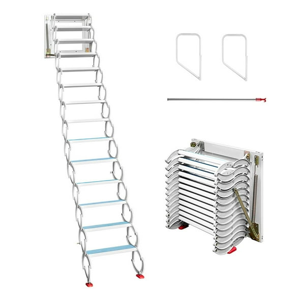 INTBUYING Wall-Mounted Attic Folding Ladders 14Steps White Al-mg Alloy