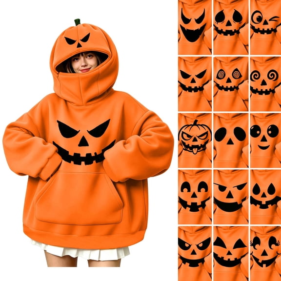 Sentuca Hoodies for Women Halloween Cute Pumpkin Mask Spooky Sweatshirts Plus Size Loose Fit Long Sleeve Pullover Tops with Pockets M
