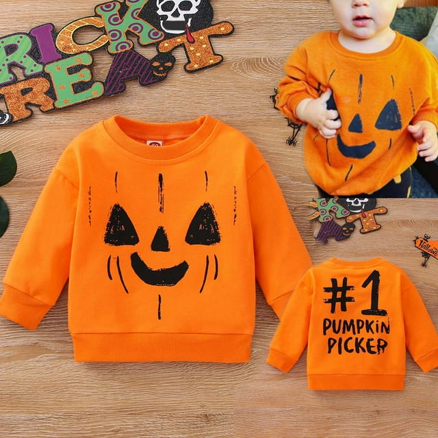 Ensemble 2 Pcs Bébé Tout-Petit Filles Garçons Imprimé Halloween Manches Longues Col Rond Pull Chandail en Molleton 2 Pcs en Solde