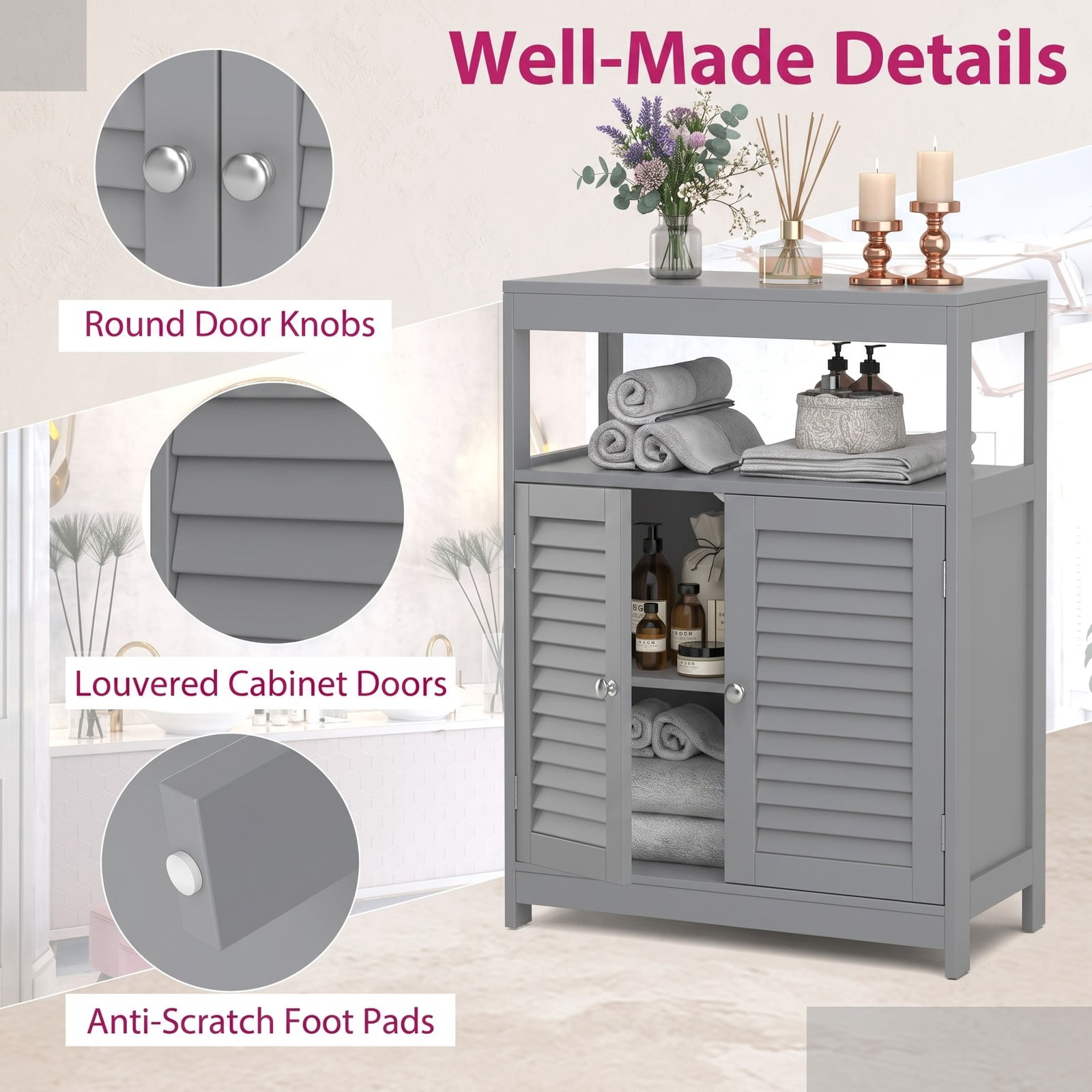 Fenbeli Freestanding Bathroom Floor Cabinet with Double Shutter Doors, MDF Storage Cabinet with Adjustable Shelf and Open Compartment, Side Console Shoe, Gray