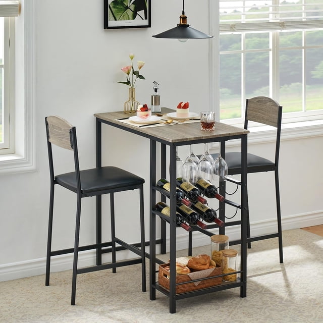 3-Piece Bar Table Set for 2, Counter Height Dining Table Set with PU Upholstered Chairs & Built-in Storage for Small Space