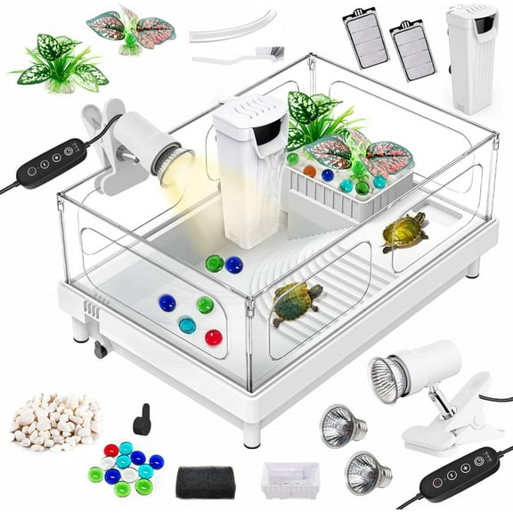 Small Turtle Tank Kit(Tank Lamp Filter), Acrylic Turtle Starter Kit with Adjustable Lamp, Reptile Habitat and Terrarium with Multi-Functional Areas for Small Reptiles. (White Kit)