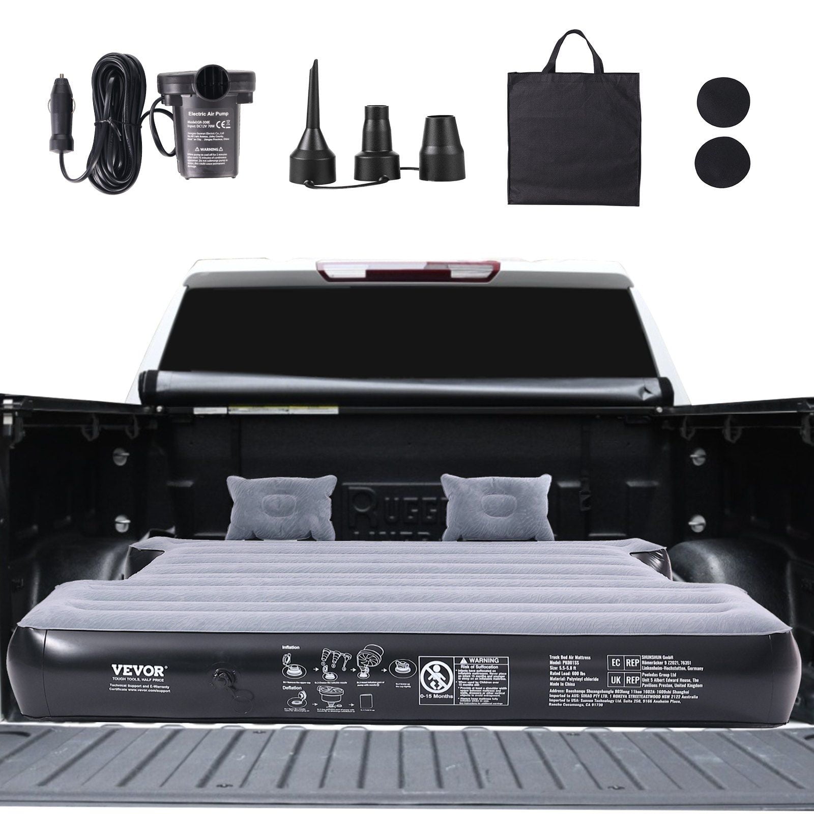 Truck Bed Air Mattress for 5.5-5.8 ft Short Beds, Full Size Inflatable Camping Mattress w/12V Pump, 2 Pillows & Bag, Fits RAM, F-150, Silverado, Tundra, Sierra, Titan – Portable Sleep Solution