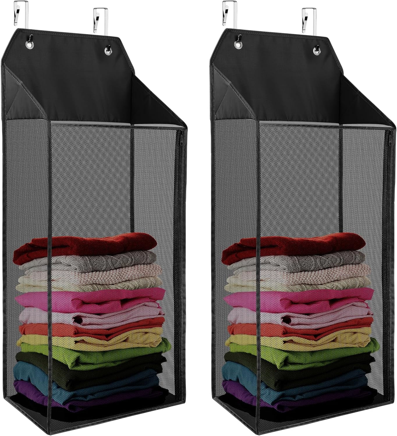 ABCISI 2 Packs Large Hanging Laundry Hamper with Hooks, Over the Door Mesh Hamper with Zipper for Dirty Clothes Organizer, Collapsible Wall Hanging Laundry Basket for Bathroom, Dormitory, Grey
