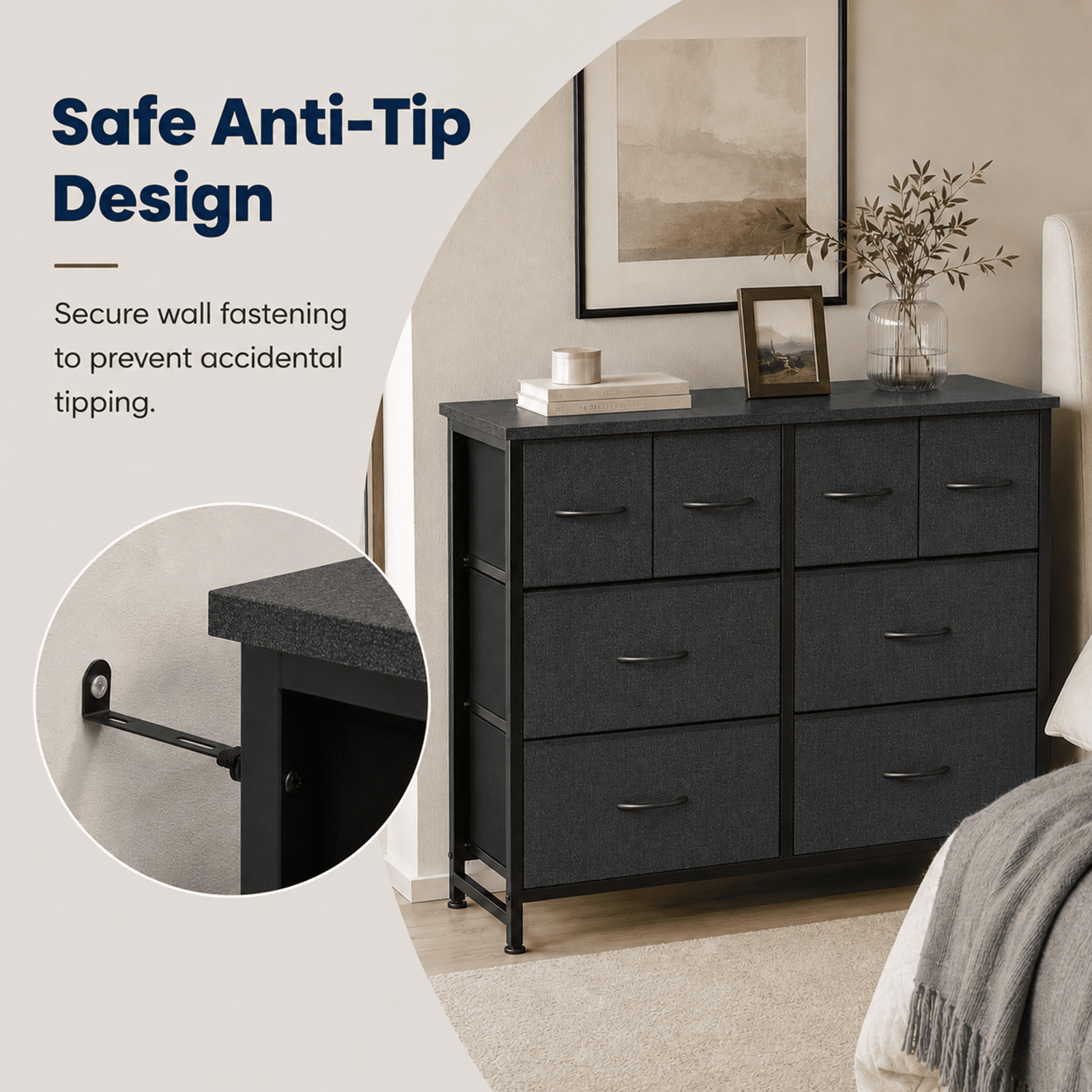 Alvantor Dresser for Bedroom with 8 Drawers, Fabric Dressers Storage Tower with Steel Frame Wood Tabletop, Storage Cabinet, Hallway, Closets